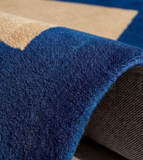 Modern Area Rug, Hand Tufted Wool Rug, Beige Rug with Blue Border, Minimalist Living Room Rug, Scandinavian Neutral Carpet, Luxury Custom