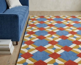 Alfombra geométrica con diseño de celosía, alfombra de lana azul, dorada y roja, alfombra marroquí con estampado de rombos, alfombra hecha a mano para sala de estar, alfombra moderna de estilo bohemio para decoración del hogar.