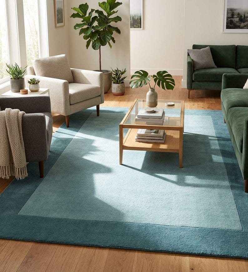 Puede incluir: Una alfombra rectangular en un sal&oacute;n, con un dise&ntilde;o azul de dos tonos. El centro es azul claro, enmarcado por un borde azul oscuro. La habitaci&oacute;n incluye muebles y plantas en macetas.
