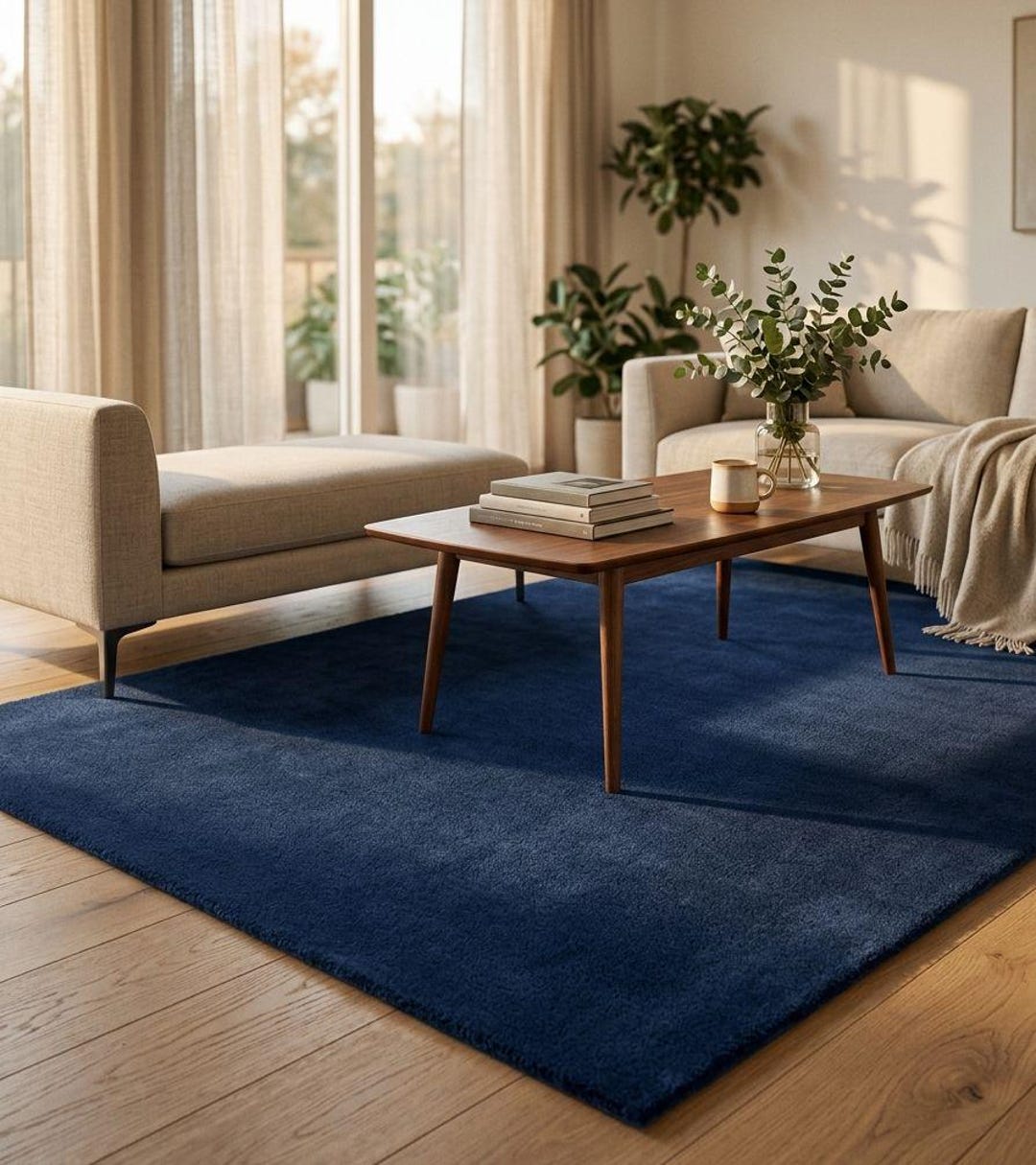 Navy Blue Solid Rug, Hand Tufted Wool Area Rug, Modern Minimalist ...