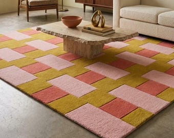 Tapis en laine tufté à la main, tapis géométrique moderne, tapis abstrait pour salon, tapis rose moutarde, décoration intérieure contemporaine, tapis moderne