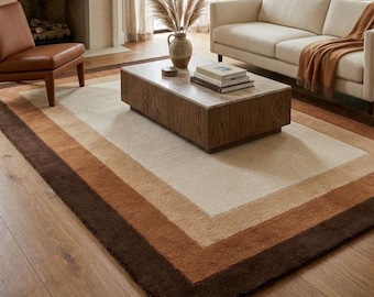 Tapis en laine tufté à la main, bordure marron crème neutre, tapis de salon moderne et minimaliste, tapis de luxe fait main