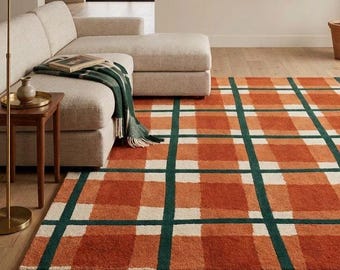 Tapis à carreaux orange et vert | Tapis en laine tuftée | Tapis bohème à carreaux pour salon | Tapis style ferme moderne | Tapis tartan fait main pour la décoration intérieure