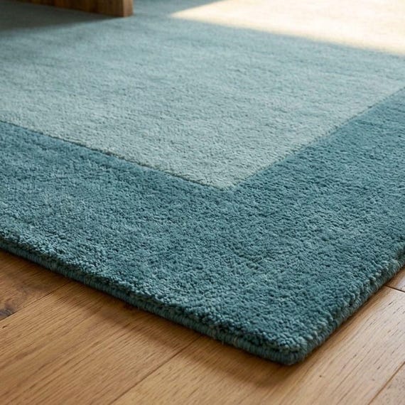 Modern Area Rug, Hand Tufted Wool Rug, Teal Blue Border Rug, Neutral Beige Carpet, Minimalist Living Room Rug, Scandinavian Style
