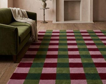 Tapis à damier tufté à la main, tapis vert, bordeaux et rose, tapis en laine à carreaux, tapis de salon moderne et rétro, tapis décoratif coloré, tapis