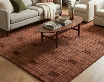 Alfombra moderna estilo bohemio / Alfombra geométrica a cuadros color terracota óxido / Alfombra de lana tejida a mano para sala de estar / Decoración neutra y natural para el hogar / Alfombra grande para el suelo