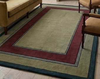 Alfombra de lana con borde, alfombra de estilo vintage tejida a mano, alfombra con borde verde, granate y azul, alfombra para sala de estar, decoración bohemia para el hogar, varios tamaños.