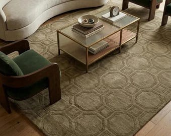 Alfombra geométrica moderna / Patrón octogonal de celosía verde oliva / Alfombra tejida a mano para sala de estar / Decoración bohemia neutra para el hogar / Alfombra de suave mezcla de lana