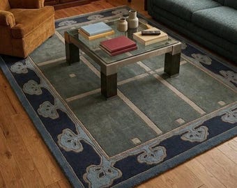 Tapis tufté à la main, tapis bleu vintage, tapis traditionnel en laine, tapis de salon style persan, tapis décoratif fait main, tapis gris marine