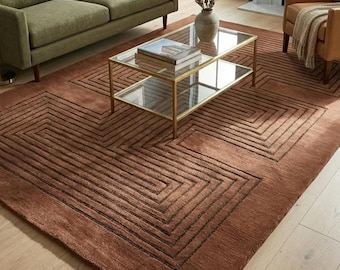 Alfombra color terracota óxido con estampado geométrico de laberinto / Diseño moderno de cuadrados concéntricos / Alfombra de lana hecha a mano para sala de estar / Todos los tamaños