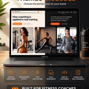 Può includere: Uno schermo di un portatile mostra un modello di sito web per personal trainer con temi chiari e scuri. L'interfaccia include sezioni per l'allenamento, servizi di coaching ed elementi di design reattivo con etichette come Light & Dark Mode.