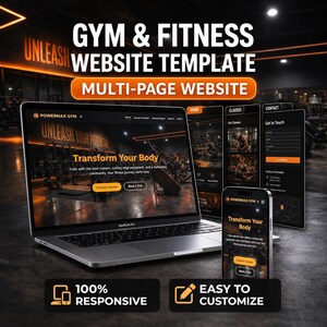 Könnte beinhalten: Eine Website-Vorlage für Fitnessstudios, dargestellt auf einem Laptop und einem Smartphone. Die Benutzeroberfläche hat ein dunkles Design mit orangefarbenen Akzenten und zeigt Seiten für Home, Kurse und Kontakt. Text: Powermax Gym, Transform Your Body.
