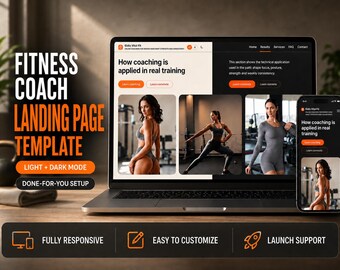 Personal Trainer Website Template, Fitness Coach Landing Page, HTML Website Template, Responsive Dark Mode, Editable Instant Download