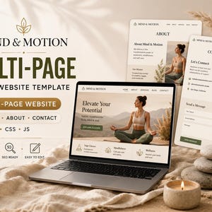 Può includere: Un portatile che mostra un modello di sito web di yoga Mind & Motion con home page, pagina chi siamo e pagina contatti. Lo schermo mostra una persona in posa yoga con testo che include Elevate Your Potential, Yoga Classes, Mindfulness e Wellness.