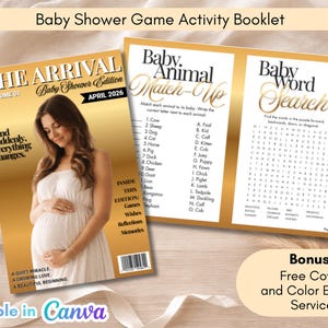Puede incluir: Un folleto de actividades para un juego de baby shower con una portada estilo revista que presenta a una persona embarazada con un vestido blanco. El folleto incluye juegos temáticos para bebés y el texto "The Arrival" y "April 2026". El folleto tiene 14 páginas.