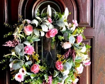 20 - Inch pink roses lambs ear eucalyptus wreath