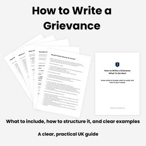 May include: A set of white printed documents titled How to Write a Grievance, featuring a stack of pages with text about formal and informal procedures, and a single cover page with a blue shield icon and the text How to Write a Grievance What To Do Next.