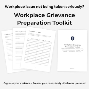 Puede incluir: Un kit de herramientas de preparación para quejas en el lugar de trabajo con varias hojas de papel blancas. El texto en las hojas incluye "Incident Summary", "HR Meeting Preparation" y "Timeline of Events Tracker". El kit ayuda a organizar información y prepararse.