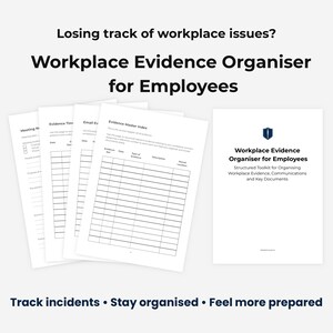 Puede incluir: Un organizador de pruebas en el lugar de trabajo para empleados, con el texto "¿Pierde el rastro de los problemas en el lugar de trabajo?" y "Organizador de pruebas en el lugar de trabajo para empleados". La imagen muestra varias hojas de papel blancas con líneas y texto, y un folleto con un logotipo de escudo.