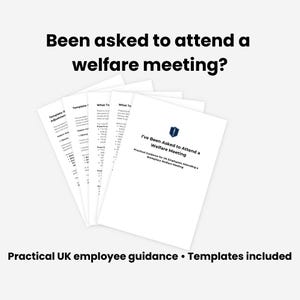 May include: A stack of white documents titled I've Been Asked to Attend a Welfare Meeting with a blue shield icon. The text Been asked to attend a welfare meeting? appears above the papers, and Practical UK employee guidance • Templates included is below.