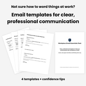 May include: A collection of white paper templates for professional email communication. The text on the image reads: "Email templates for clear, professional communication." The templates include "Workplace Email Essentials Pack" and "4 templates + confidence tips."
