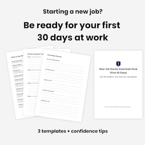 Paquete de inicio para nuevos empleos / Plantillas para los primeros 30 días en el trabajo / Confianza y organización en el lugar de trabajo / Ayuda para nuevos empleos / Kit de herramientas para empleados (Reino Unido)