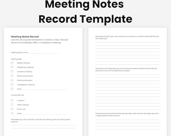 Meeting Notes Template for Work | HR Meeting Record | Document What Was Said | Disciplinary Grievance Investigation Notes | Printable PDF