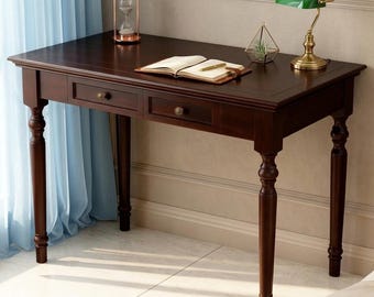 Solid Wood Writing Desk with Roman Column Legs and Brass Hardware Elegant Home Office