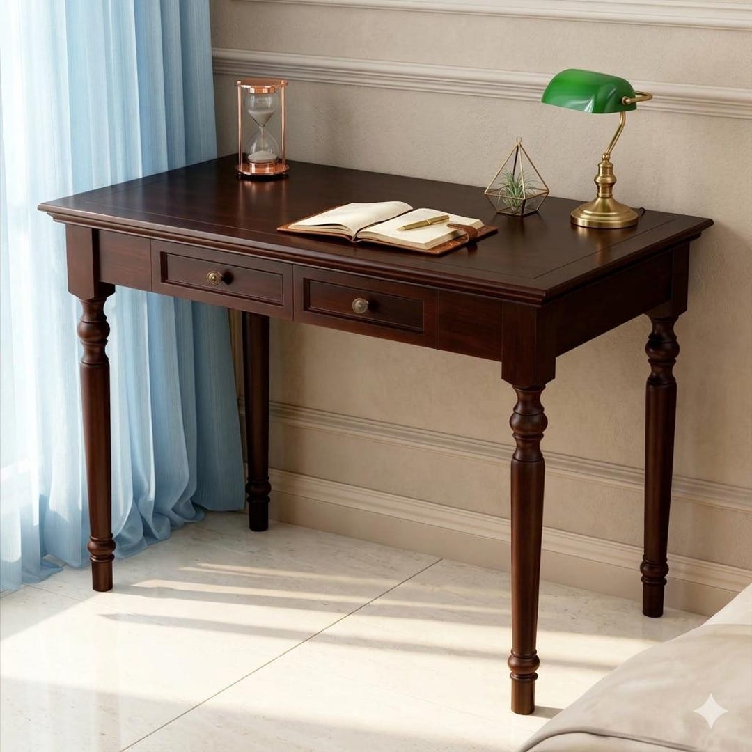 Solid Wood Writing Desk With Roman Column Legs and Brass Hardware ...