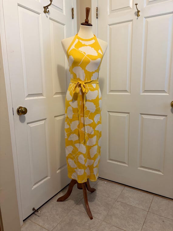 diane von furstenberg halter dress Women's Summer by in Yellow and White Knitted Fabric NXG1783