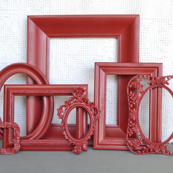 Red Ornate Painted Frames Set of 7 - Upcycled frames.. great for Gallery Wall or Bedroom