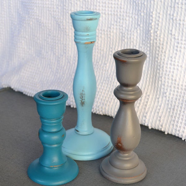 Modern Shabby Candleholders -  Aqua Teal Grey Painted and Upcycled Wood Candleholders Set