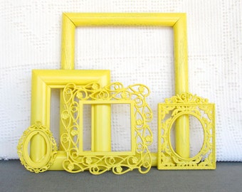 Bright Sun Yellow Painted Ornate Frames Set of 5 - Upcycled frames.. great for Gallery Wall or BedroomYellow Grey Gray White Nursery decor