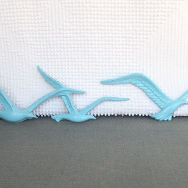Aqua Seagulls Upcycled Homco Syroco Seagulls set Coastal Cottage beach Theme Chic Home Decor