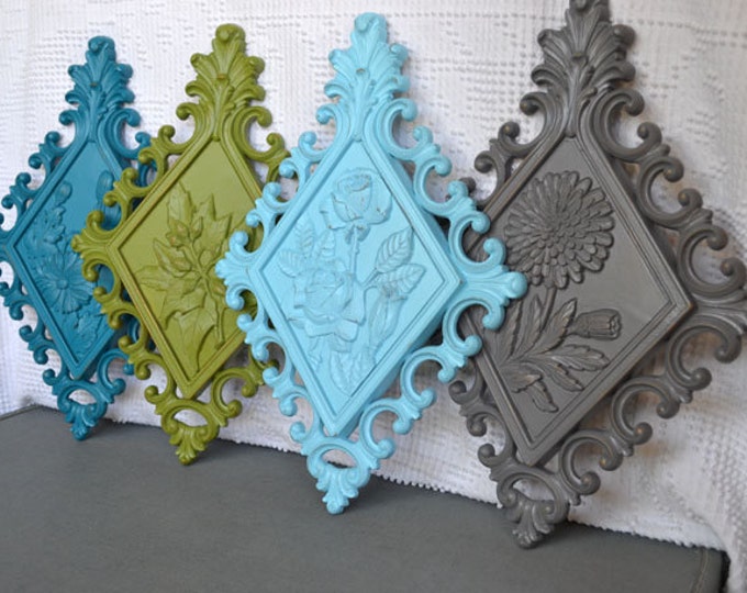 Ornate Floral Wall Plaques Aqua Teal Grey/gray Green Vintage Etsy