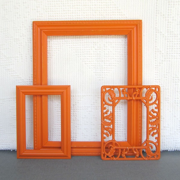 Orange Painted Ornate Frames Set of 3 - Upcycled frames.. Gallery Wall Orange Aqua Turquoise Mid Century Modern Nursery decor