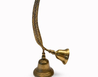 Campanello doppio vintage in ottone con manico a piuma / Campanello da scrivania e di servizio per hotel / Decorazione per biblioteca
