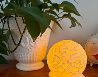 Vintage Porcelain Lithophane Lamp | Dove & Rose Motif | Soft Amber Glow Votive Light | Sculptural White Decor