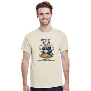 May include: A cream-coloured t-shirt with a cartoon panda bear design. The panda is holding food and the text "CHAATGPT" is above the panda. Below the panda is the text "GENERATIVE POTATO-TOPPED TANGINESS".