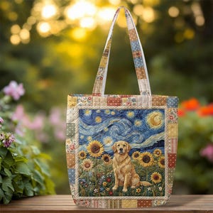 May include: Quilted tote bag featuring a golden retriever in a sunflower field under a starry night sky. The bag has patchwork detailing in various colors and patterns, with matching handles.