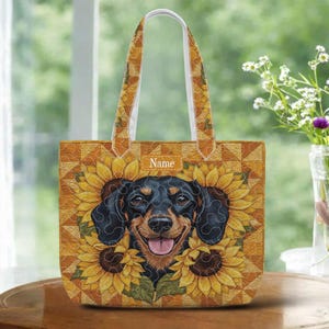 Personalized Dachshund Dog Sunflower Quilt Tote Bag, Wiener Puppy Quilted Patchwork Handbag, Vintage Dog Mom Dog Lovers Gift TD-0407-CNWH