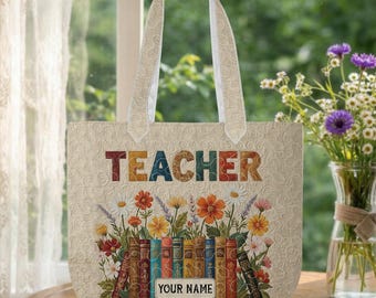 Personalized Teacher Quilt Tote Bag, Bookstack Quilted Patchwork, Vintage Educators Bag, Teacher Appreciation Retirement Gift TD-0330-AQPX