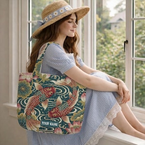 Personalized Koi Fish Lotus Pond Quilt Tote Bag Japanese Art Quilted Patchwork Vintage Japan Asian Koi Fish Lovers Shopping Bag TD-0328-I2UV