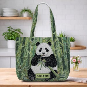 Personalized Panda Bamboo Forest Quilt Tote Bag, Chinese Panda Quilted Patchwork, Vintage Nature Lovers Animal Shopping Bag TD-0328-0LMB