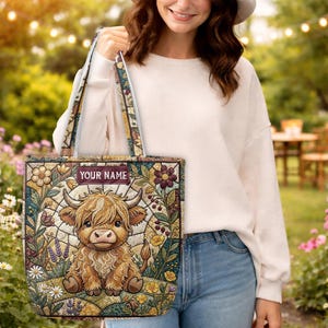 Personalized Highland Cow Floral Quilt Tote Bag Farm Animal Quilted Patchwork Handbag Rustic Farmer Tote Farming Lovers Gift TD-0408-BHX7