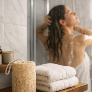May include: A cylindrical beige loofah sponge with a white hanging loop, positioned next to a stack of two folded white towels on a wooden shelf. The loofah has a textured, porous surface and is made of natural fibrous material for exfoliation.
