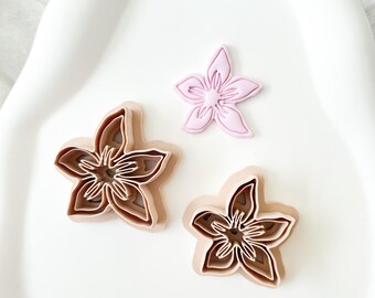 May include: Three flower-shaped cookie cutters. Two are layered in shades of brown, and one is a solid pink. The cutters are arranged on a white, curved surface, suggesting a baking or crafting theme.