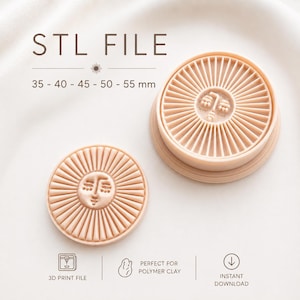 May include: A peach-coloured circular 3D printed stamp and cutter set for polymer clay. The design features a sun motif with a central face and radiating lines. Text includes STL FILE, 35-55 mm, 3D PRINT FILE, and INSTANT DOWNLOAD.