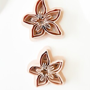 以下が含まれることがあります： 2つの花型のクッキーカッター。カッターは薄茶色のプラスチック製で、層状のデザインです。花は5枚の花びらと詳細な中心部を持っています。カッターは、ベーキングやクラフト用に設計されています。