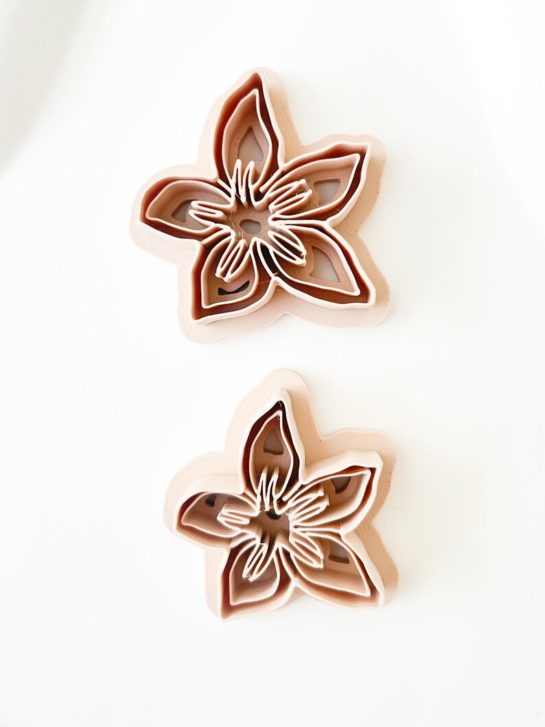 以下が含まれることがあります： 2つの花型のクッキーカッター。カッターは薄茶色のプラスチック製で、層状のデザインです。花は5枚の花びらと詳細な中心部を持っています。カッターは、ベーキングやクラフト用に設計されています。
